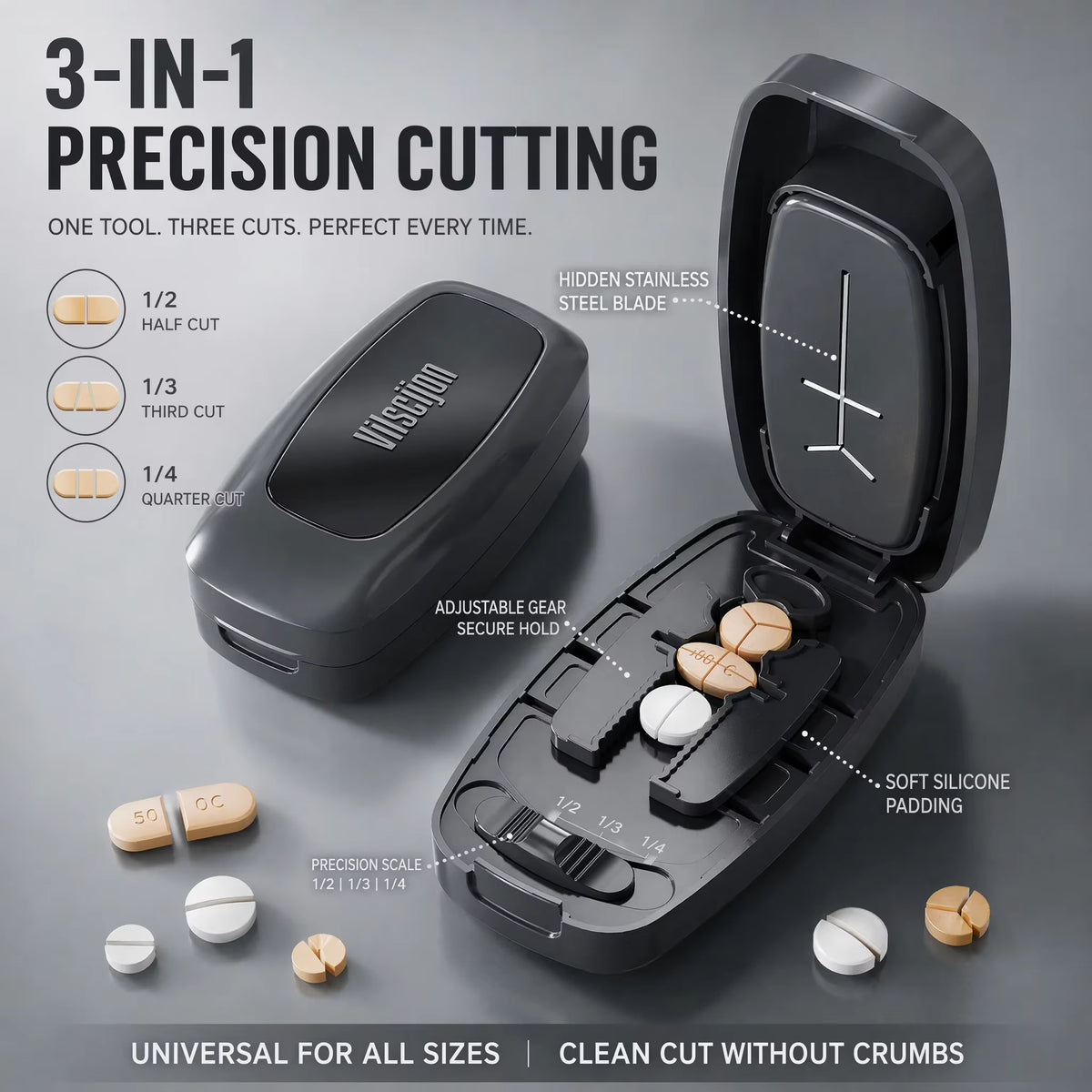 Pill Cutter 1/2 1/3 1/4 Precise Pill Splitter Portable Tablet Cutter W/ Storage Hidden Safe Blade for All Size Pills Vitamins