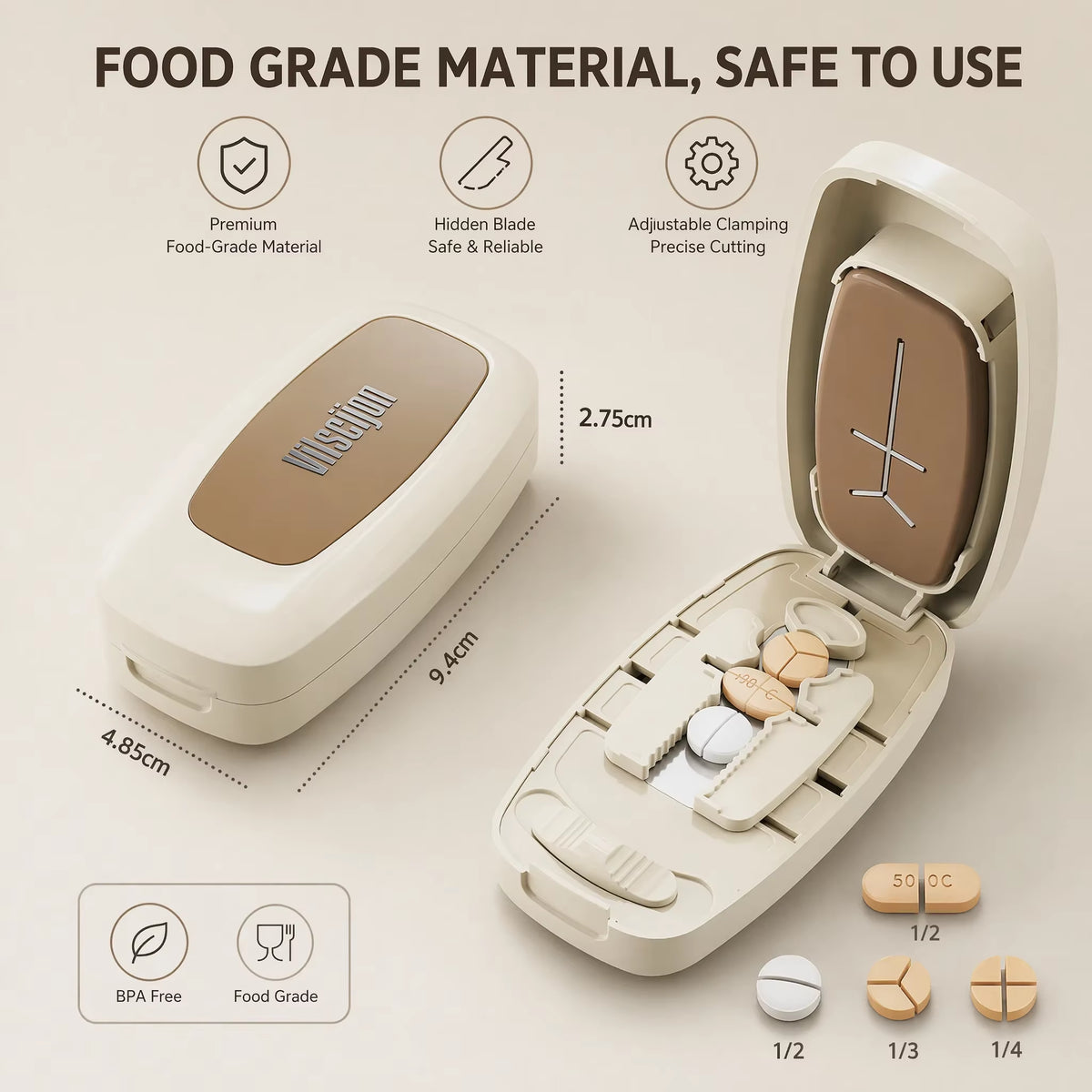 Pill Cutter 1/2 1/3 1/4 Precise Pill Splitter Portable Tablet Cutter W/ Storage Hidden Safe Blade for All Size Pills Vitamins