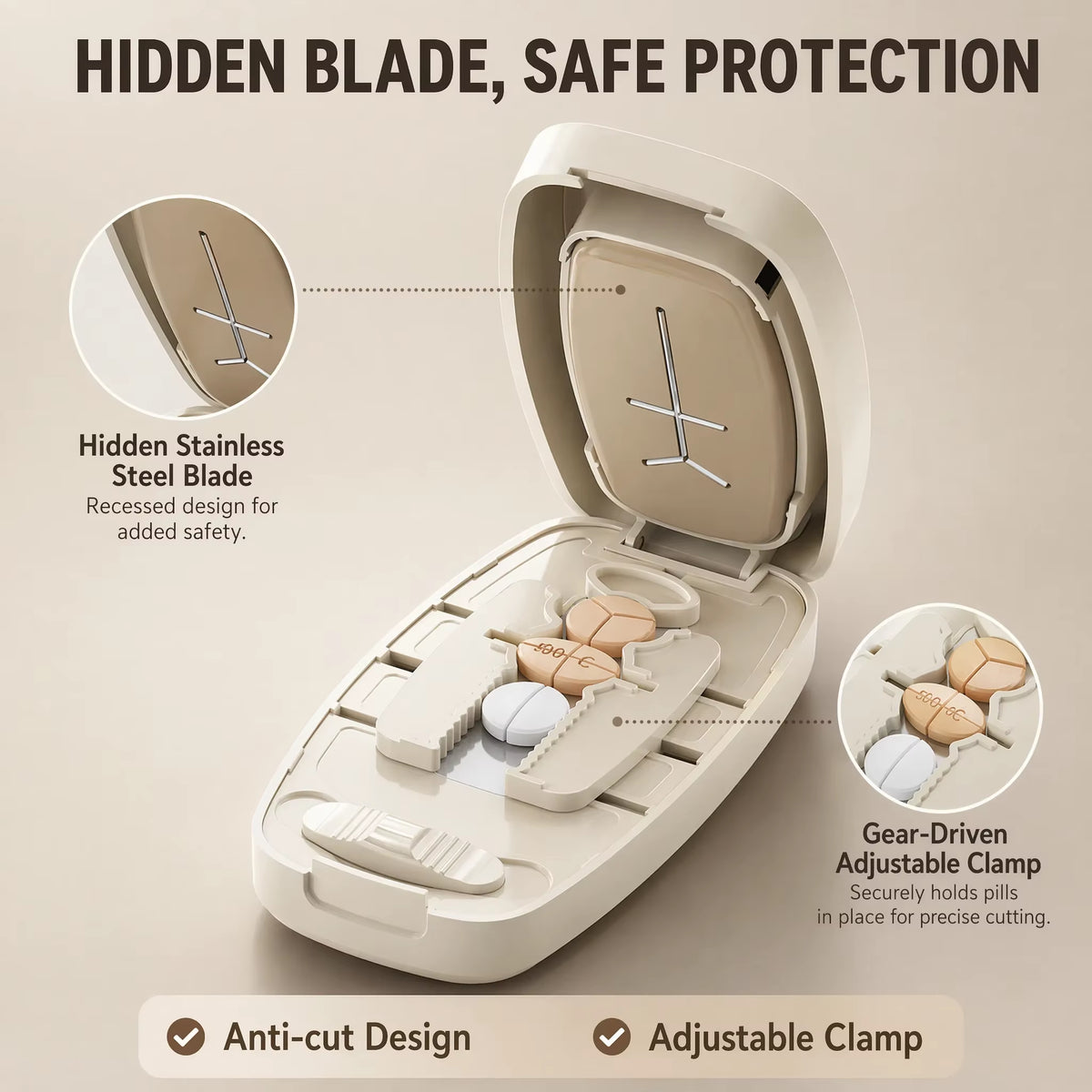 Pill Cutter 1/2 1/3 1/4 Precise Pill Splitter Portable Tablet Cutter W/ Storage Hidden Safe Blade for All Size Pills Vitamins