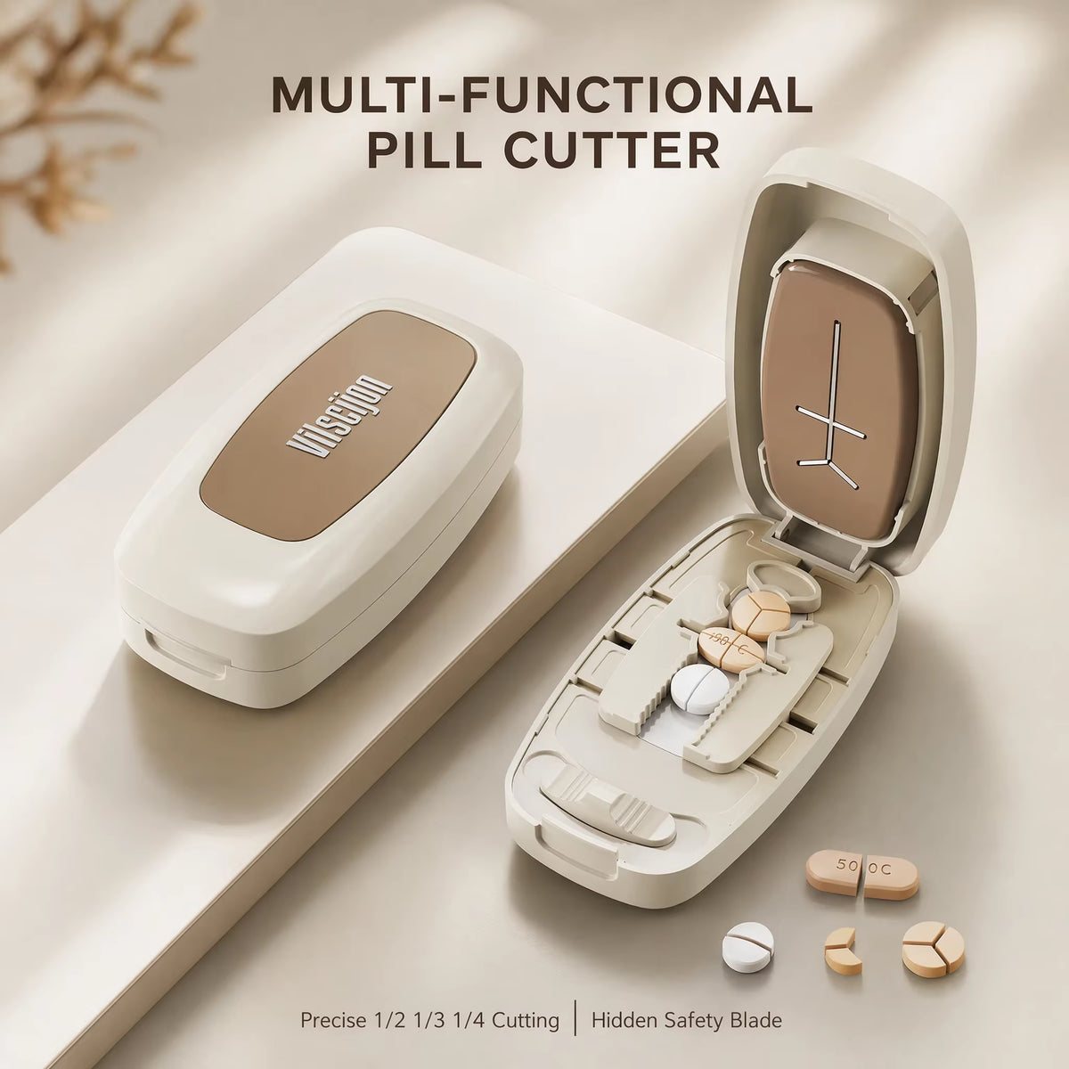 Pill Cutter 1/2 1/3 1/4 Precise Pill Splitter Portable Tablet Cutter W/ Storage Hidden Safe Blade for All Size Pills Vitamins