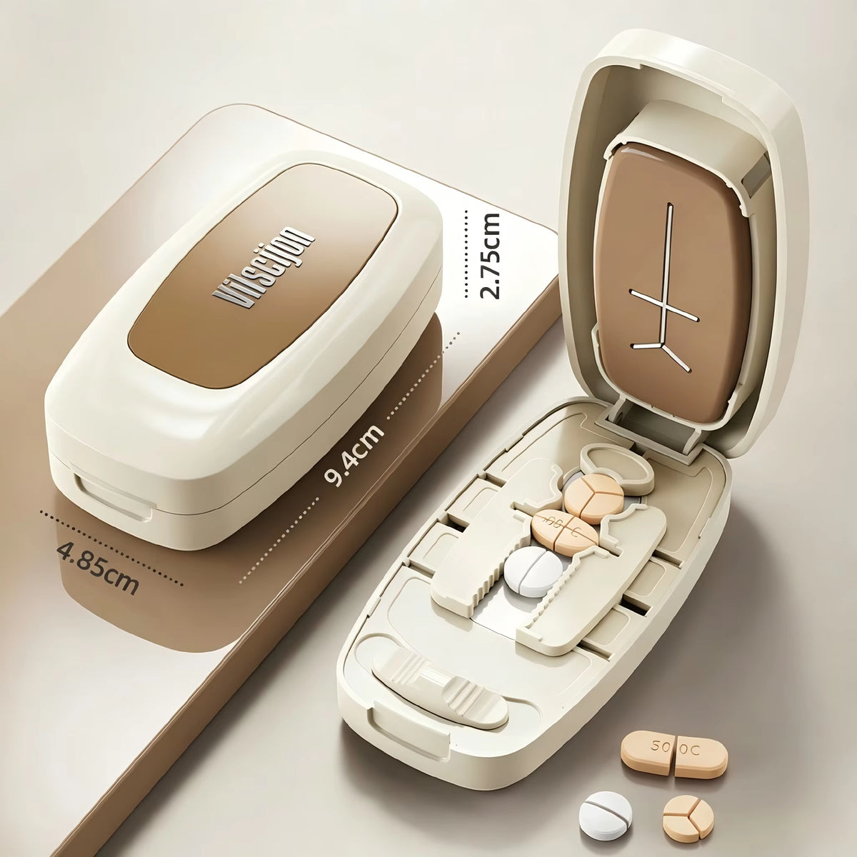 Pill Cutter 1/2 1/3 1/4 Precise Pill Splitter Portable Tablet Cutter W/ Storage Hidden Safe Blade for All Size Pills Vitamins