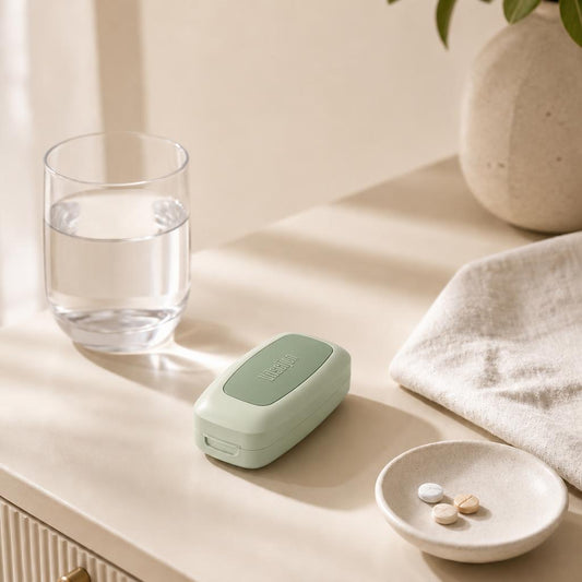 Cortador de pastillas Luscano verde salvia en una mesilla junto a un vaso de agua